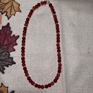 NWOT Red Trendy Beaded Necklace With Glass Beads & Silver Rhinestones Spacers